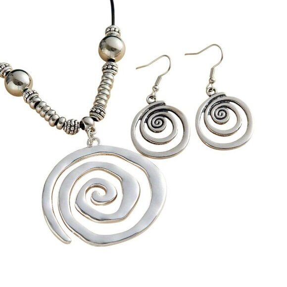 Boho Spiral Necklace & Earrings Set – Silver Alloy Swirl Pendant Jewelry NEW - Picture 1 of 4